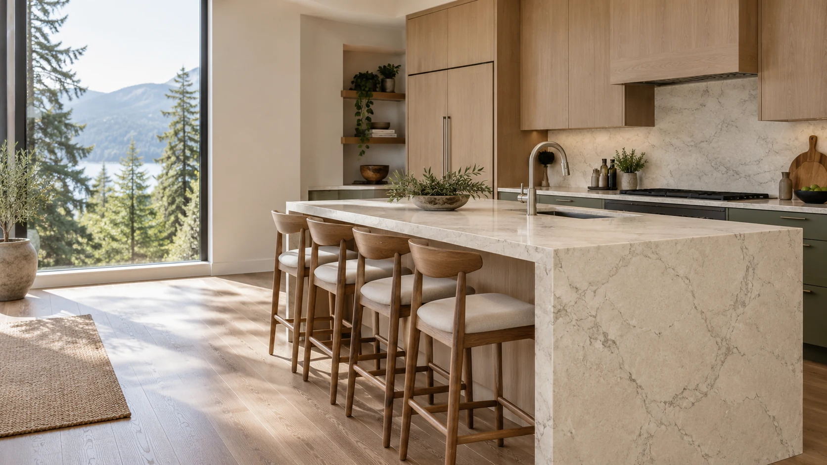 Design inspiration: a light stone island, oak cabinetry and evergreen views in a calm kitchen